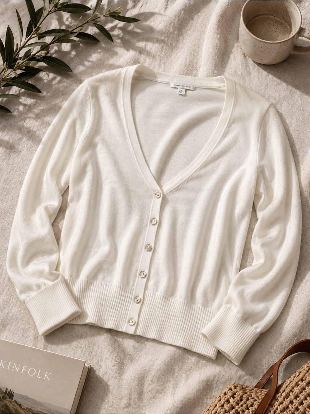 Banana Republic Cream Cardigan Sweater Medium Soft Cotton Button Front